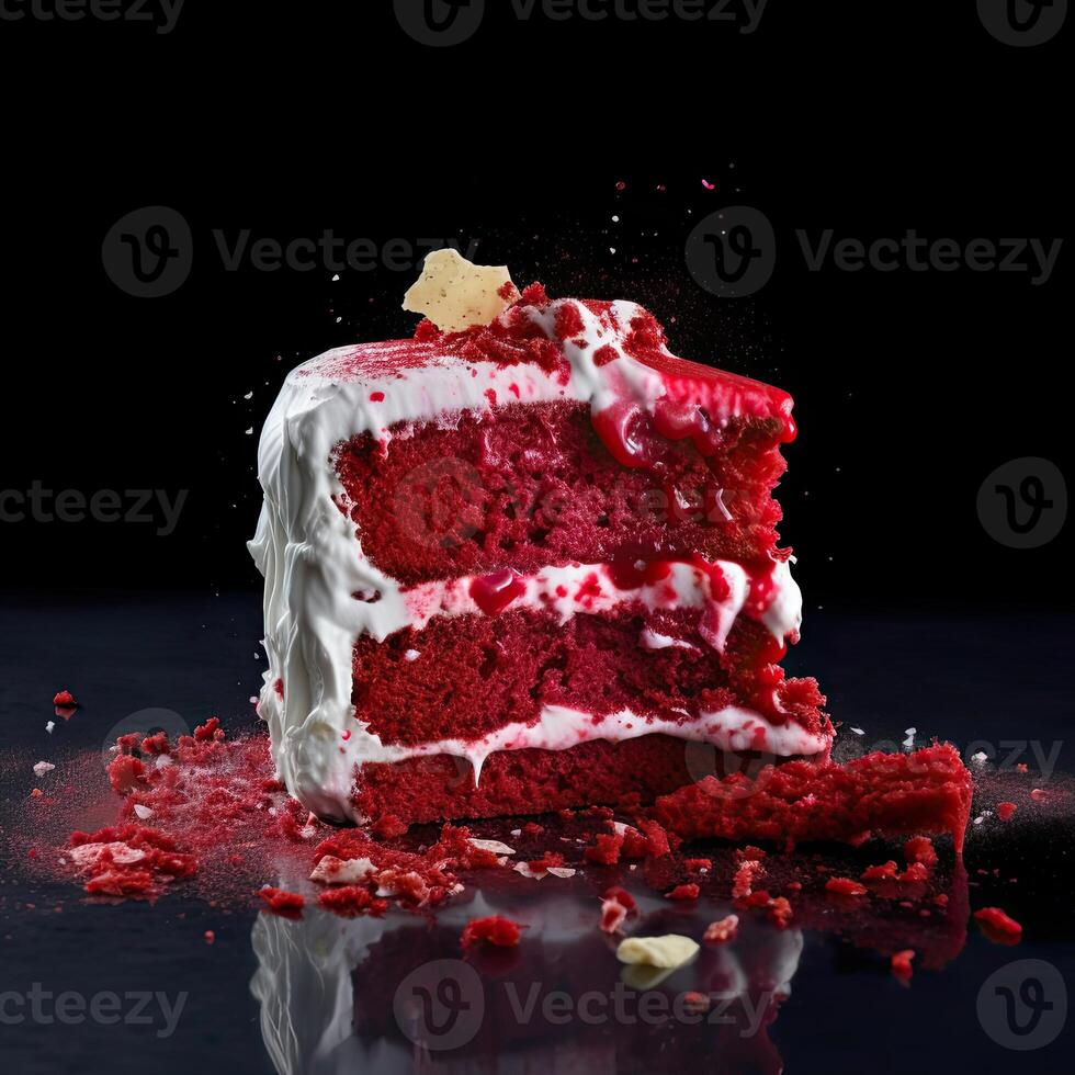 un' pezzo di torta con bianca glassa e rosso spruzzatori su nero superficie sfondo ai generativo foto