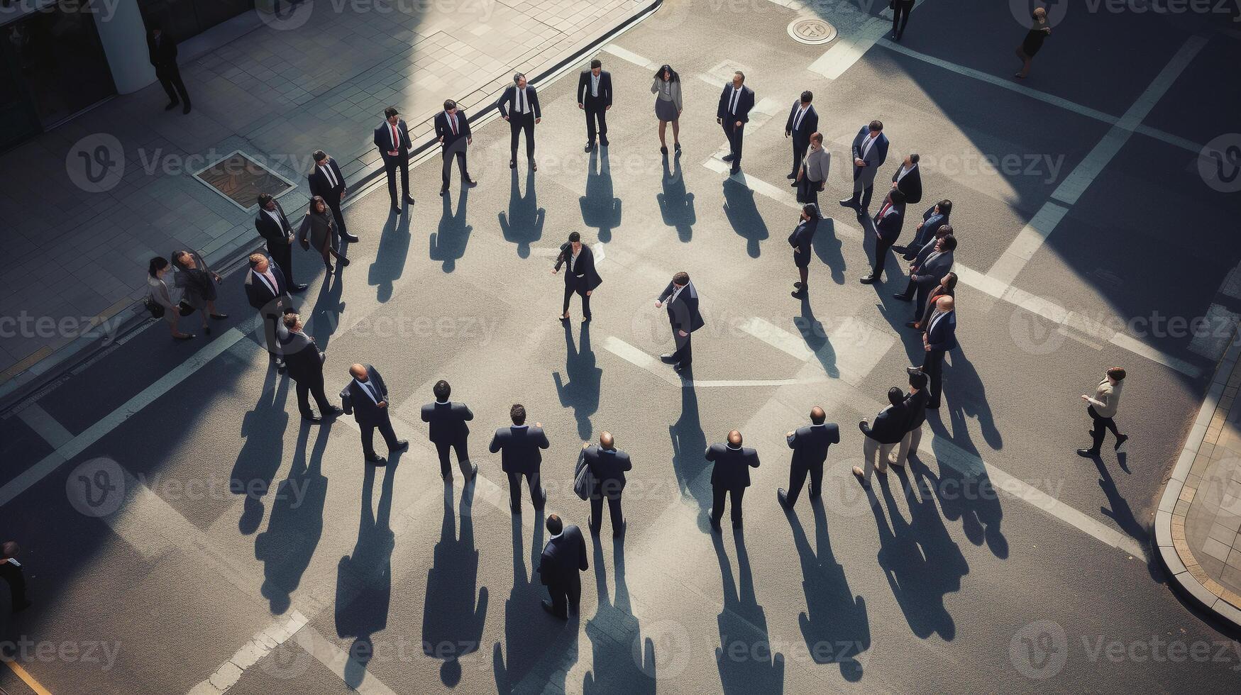 uccelli occhio Visualizza di attività commerciale professionisti formatura un' cerchio nel un' città intersezione ai generativo foto