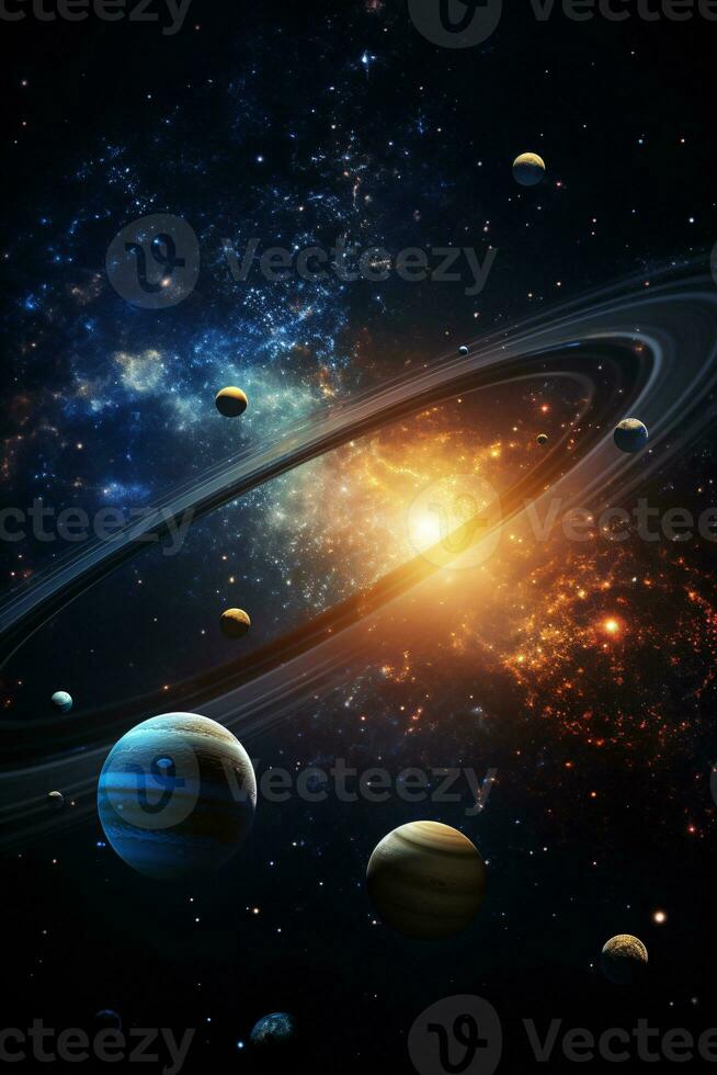maestoso panorama di il solare sistema a partire dal il esterno bordo con vivace pianeti contro un' costellato di stelle fondale ai generativo foto