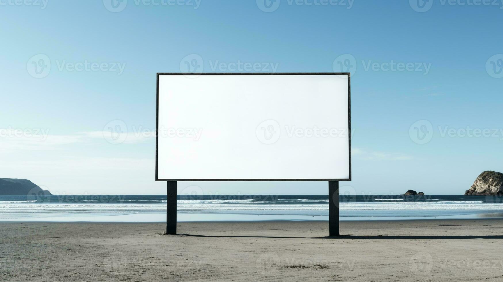 Impressionante Immagine di un' vuoto tabellone telaio su un' desolato spiaggia, infinito pubblicità possibilità ai generativo foto