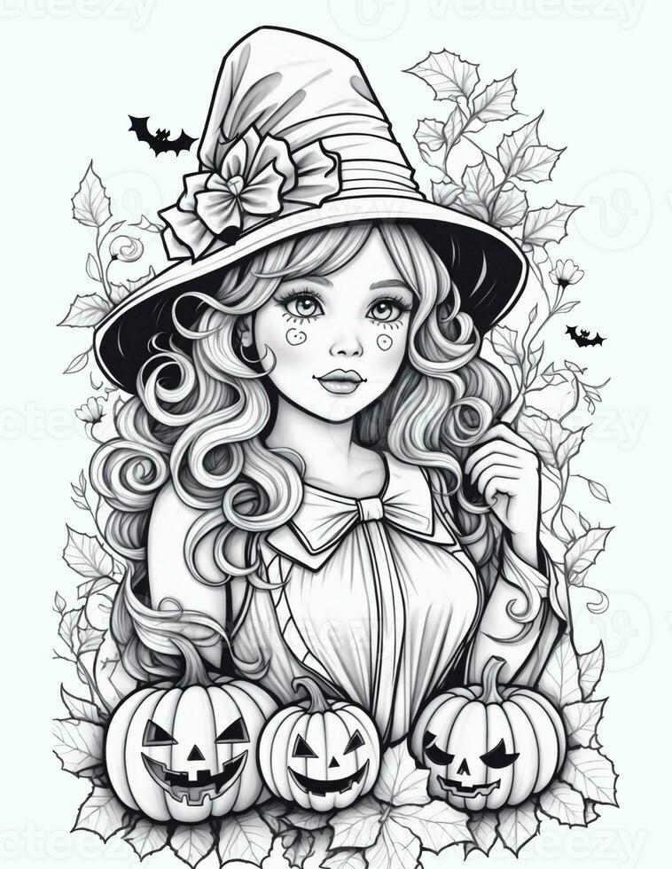 ragazza Halloween colorazione pagina con jack-O'-lanterna zucche foto