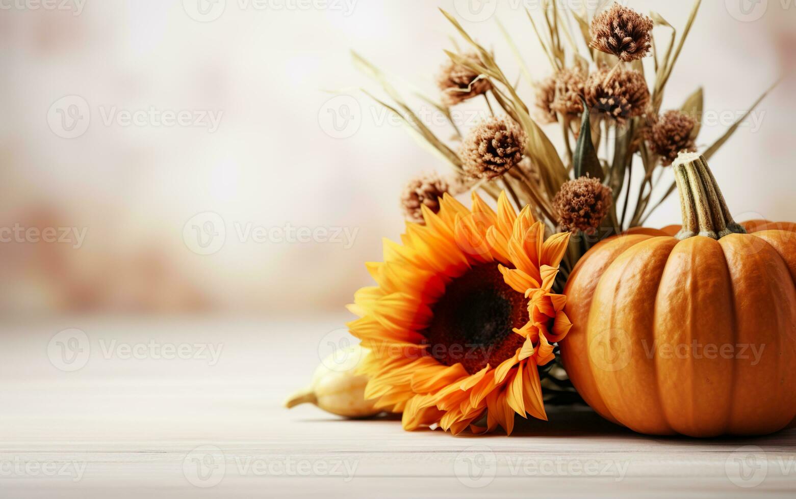 autunno zucca con girasole asciutto le foglie e fiori su sfocato bokeh luci bianca sfondo con copia spazio. di legno pavimento. Halloween concetto. contento ringraziamento. saluto carta concetto. ai generativo foto