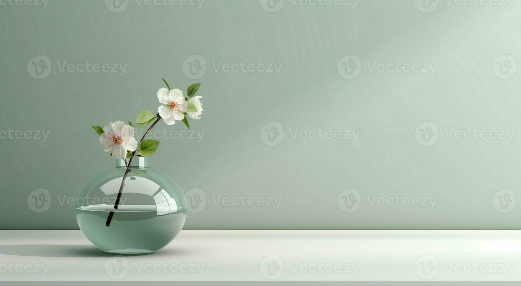 moderno bicchiere vaso con ciliegia fiori nel luce del sole a partire dal finestra su verde parete, ombra su bianca marmo pavimento per decorazione, lusso cosmetici, cura della pelle, bellezza Prodotto sfondo Schermo, ai generativo foto
