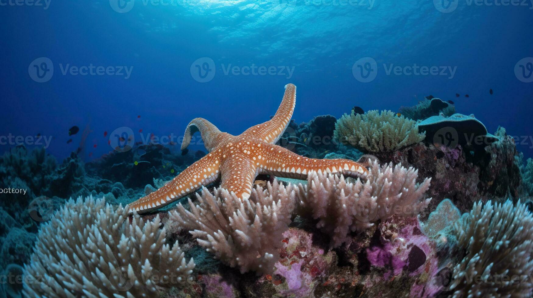 un' stella marina su un' corallo scogliera nel il oceano con un' blu sfondo e un' corallo scogliera nel il primo piano. generativo ai foto