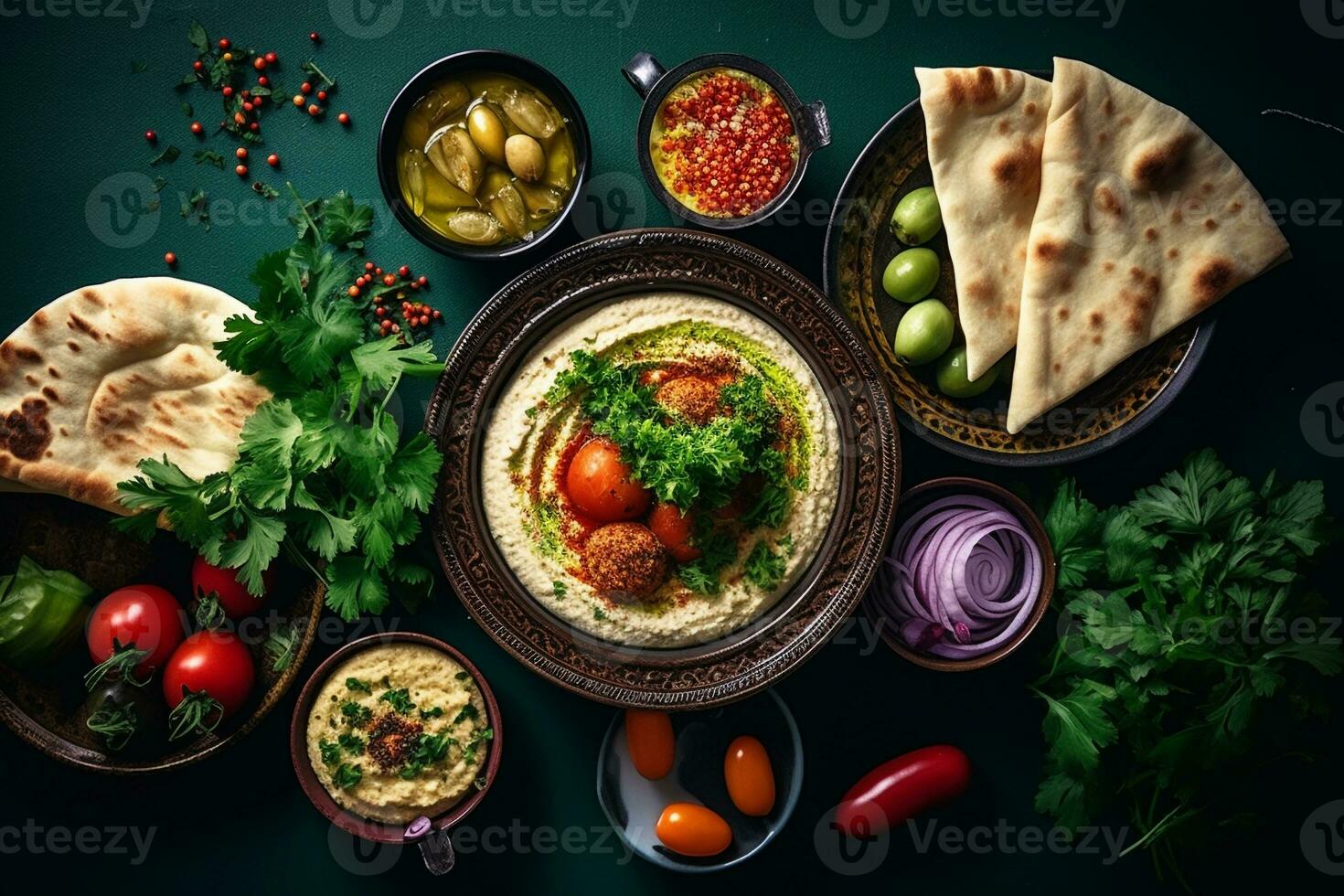 alto intravedere di un' mediterraneo festa hummus Pita pane e Falafel vicino un' tè pentola ai generativo foto