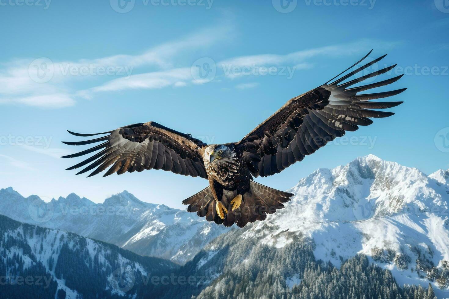 maestoso aquila Soaring sopra un' incontaminato, snow-capped montagna gamma sotto un' blu cielo ai generativo foto