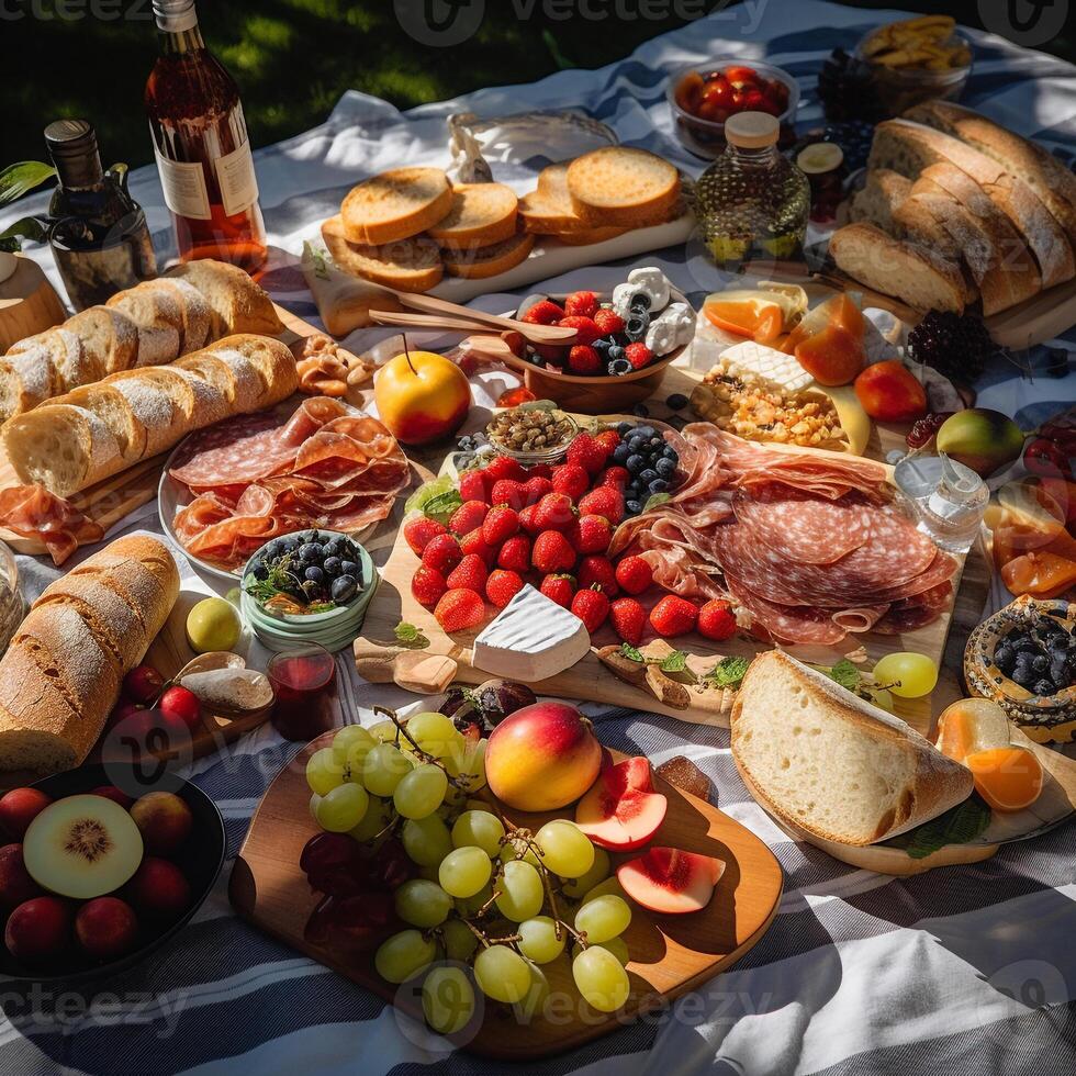 aereo Visualizza di un' estate picnic in mostra all'aperto cenare su un' scacchi coperta ai generativo foto