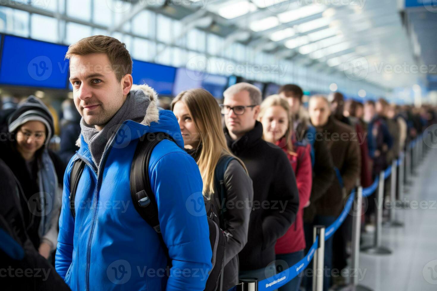 viaggiatori fare la fila su nel un ordinato moda prima imbarco foto