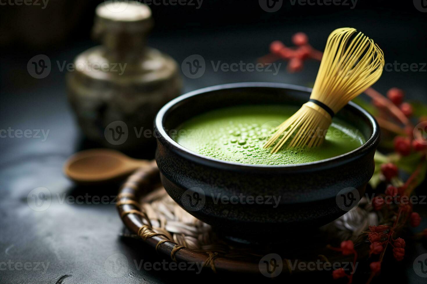 vicino su Visualizza di un' matcha frusta riposo diagonalmente attraverso un' nero ceramica tè ciotola pieno con verde matcha polvere. ai generato. foto