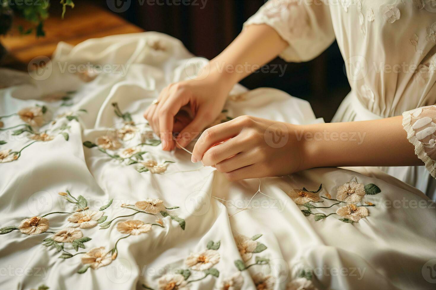 un' paio di mani ricama intricato e dettagliato fiori. il importanza di tradizione e il bellezza di lavoro manuale. ai generato. foto