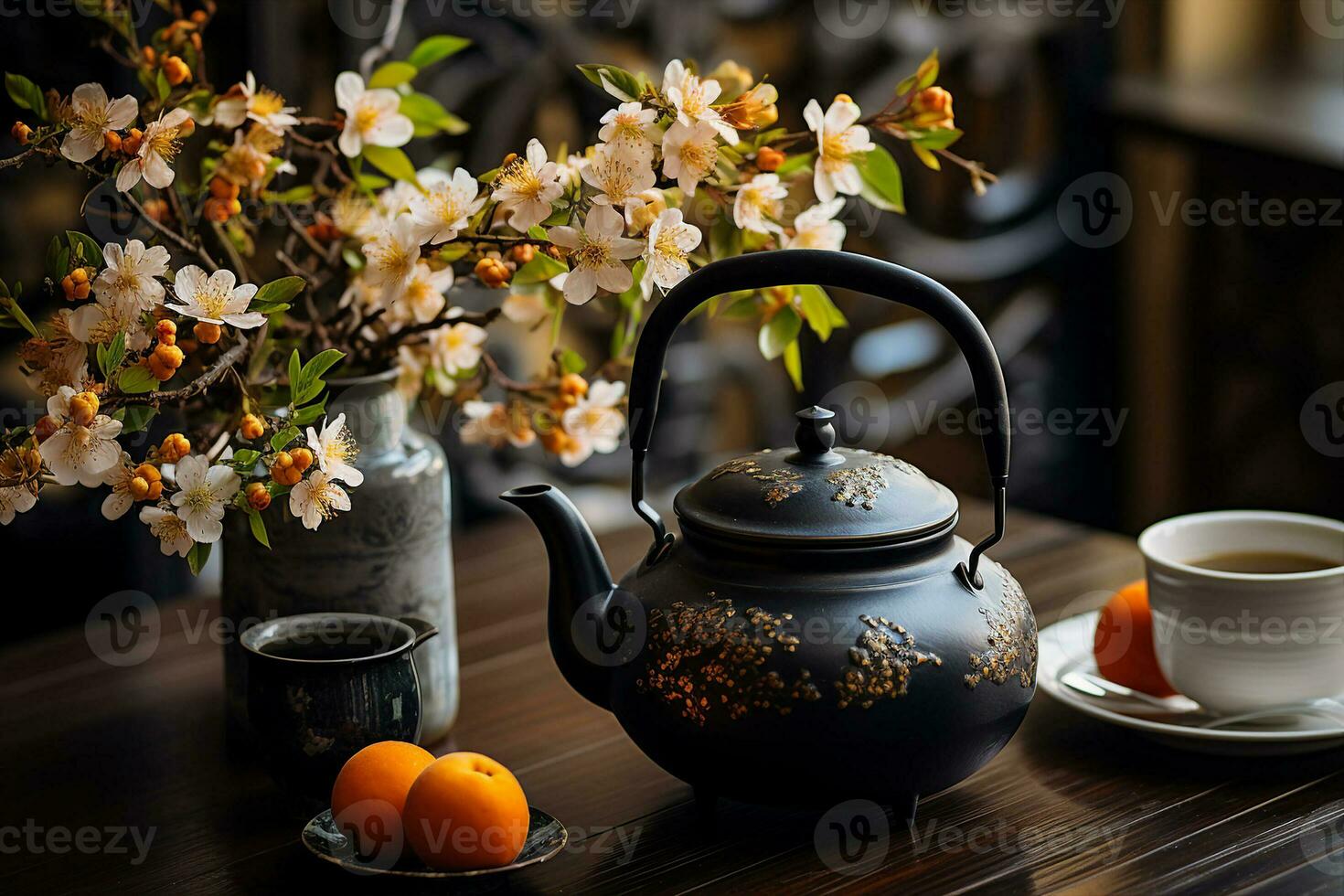 dall'alto al basso Visualizza di un' diffusione di di stagione asiatico frutta e sakura fiori Il prossimo per un' getto tetsubina teiera. flatlay composizione, indiretta luce del sole. ai generato. foto