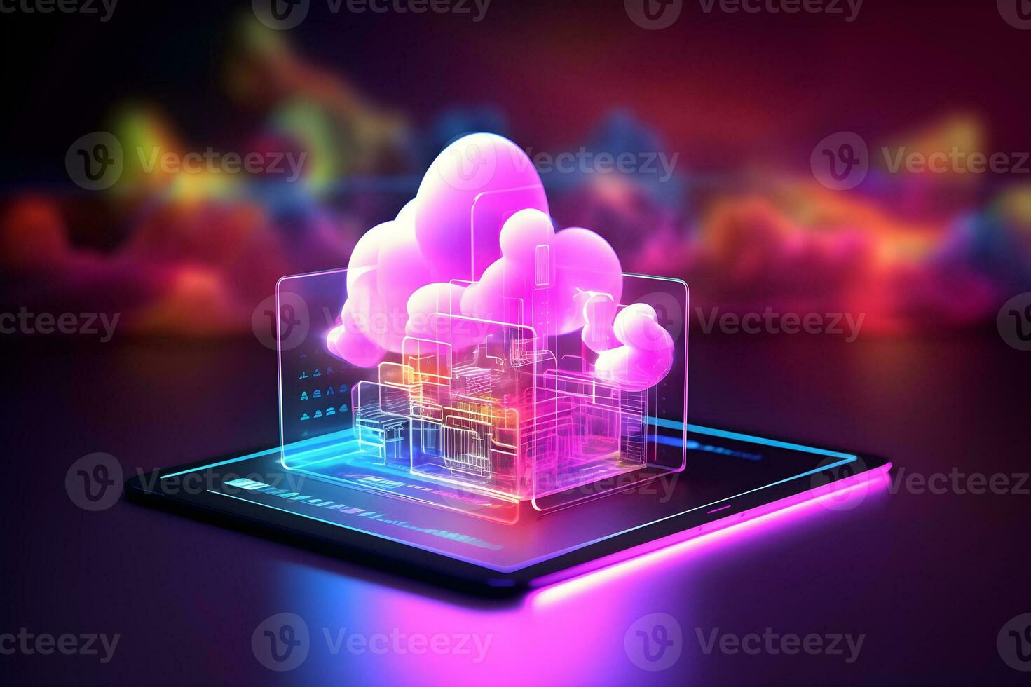 raggiante neon nube calcolo nel 3d su tavoletta. nube Rete collegamento e in linea dati Conservazione. dati Internet servizio nel futuristico tecnologia e innovazione. generativo ai. foto