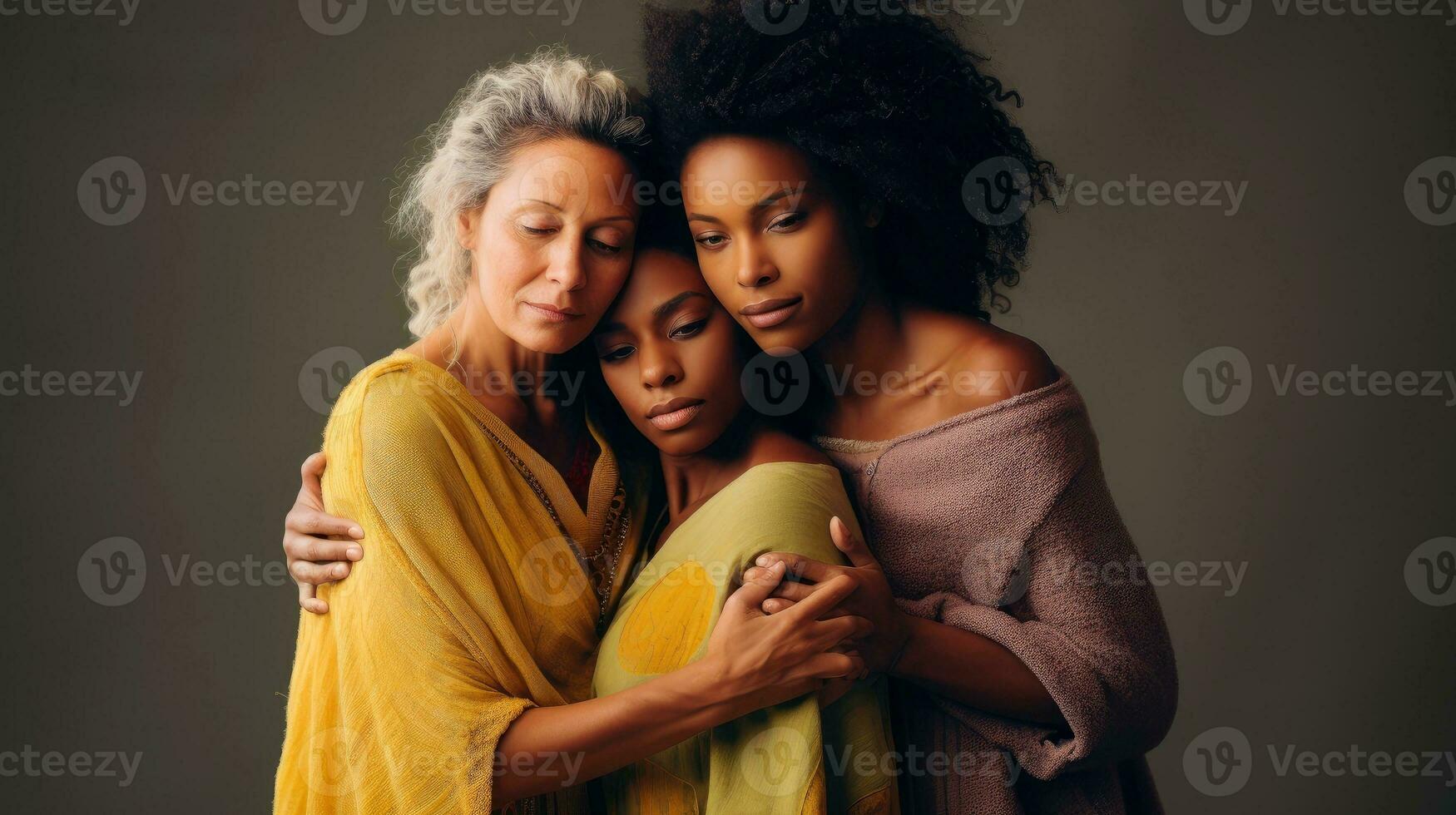 gruppo di donne abbracciare loro stessi con amore e cura come un' famiglia, giorno per il eliminazione di violenza contro donne concetto, generativo ai illustrazione foto