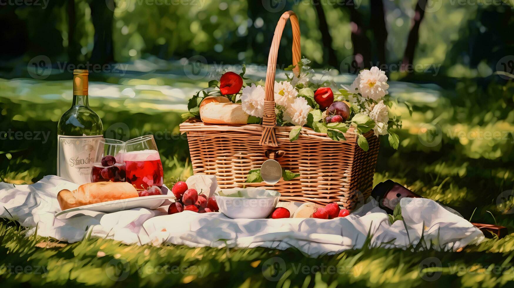 picnic nel il parco su un' soleggiato estate giorno ai generato foto