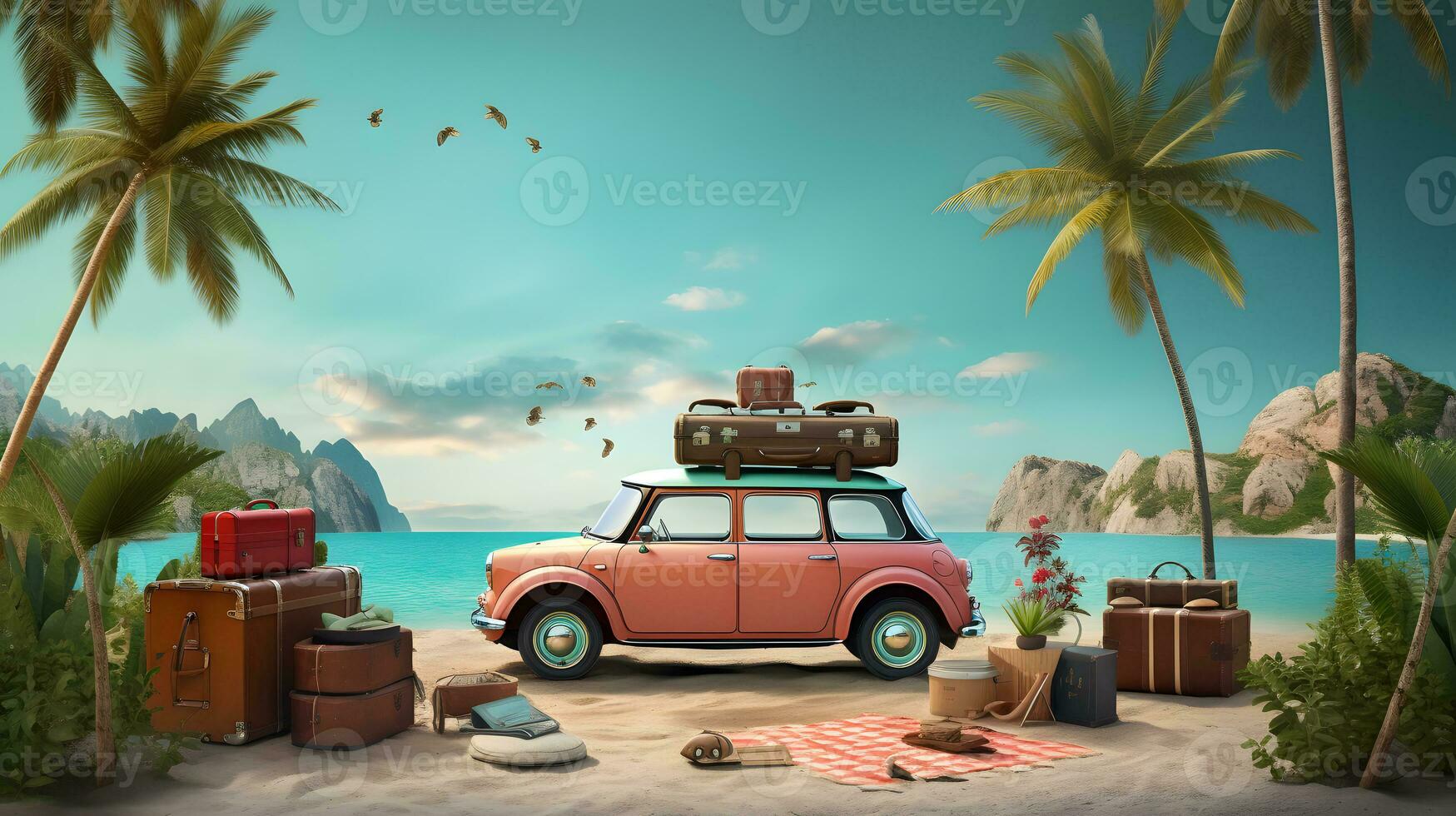 Vintage ▾ auto con valigie su il spiaggia ai generato foto