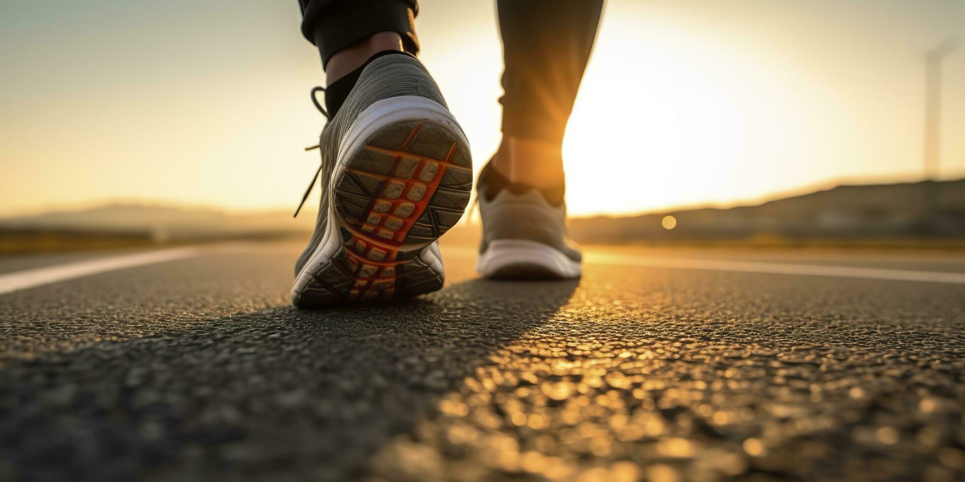 vicino su su il scarpa, corridore atleta piedi in esecuzione su il strada sotto luce del sole nel il mattina. ai generativo foto