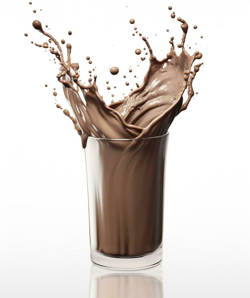 bicchiere con spruzzi cacao, cioccolato versando, e spruzzata. 3d illustrazione. ai generato foto