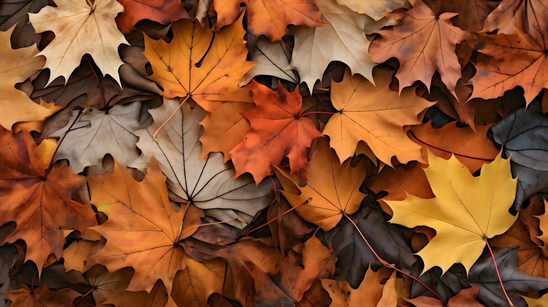 avvicinamento di autunno colorato giallo d'oro di spessore coperta di caduto asciutto acero le foglie su terra deciduo abscissione periodo al di sopra di foresta foglia rifiuti, generativo ai foto