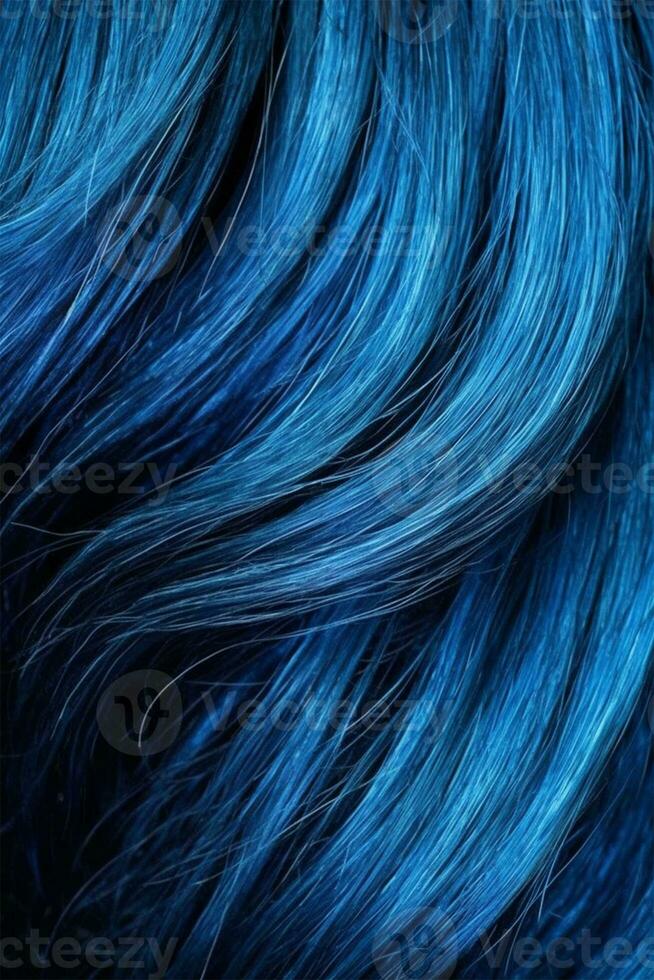 un' avvicinamento Visualizza di un' mazzo di brillante estremo blu capelli nel un' ondulato style.social media soddisfare per bellezza saloni. capelli tintura colore nel il Catalogare. generativo ai foto