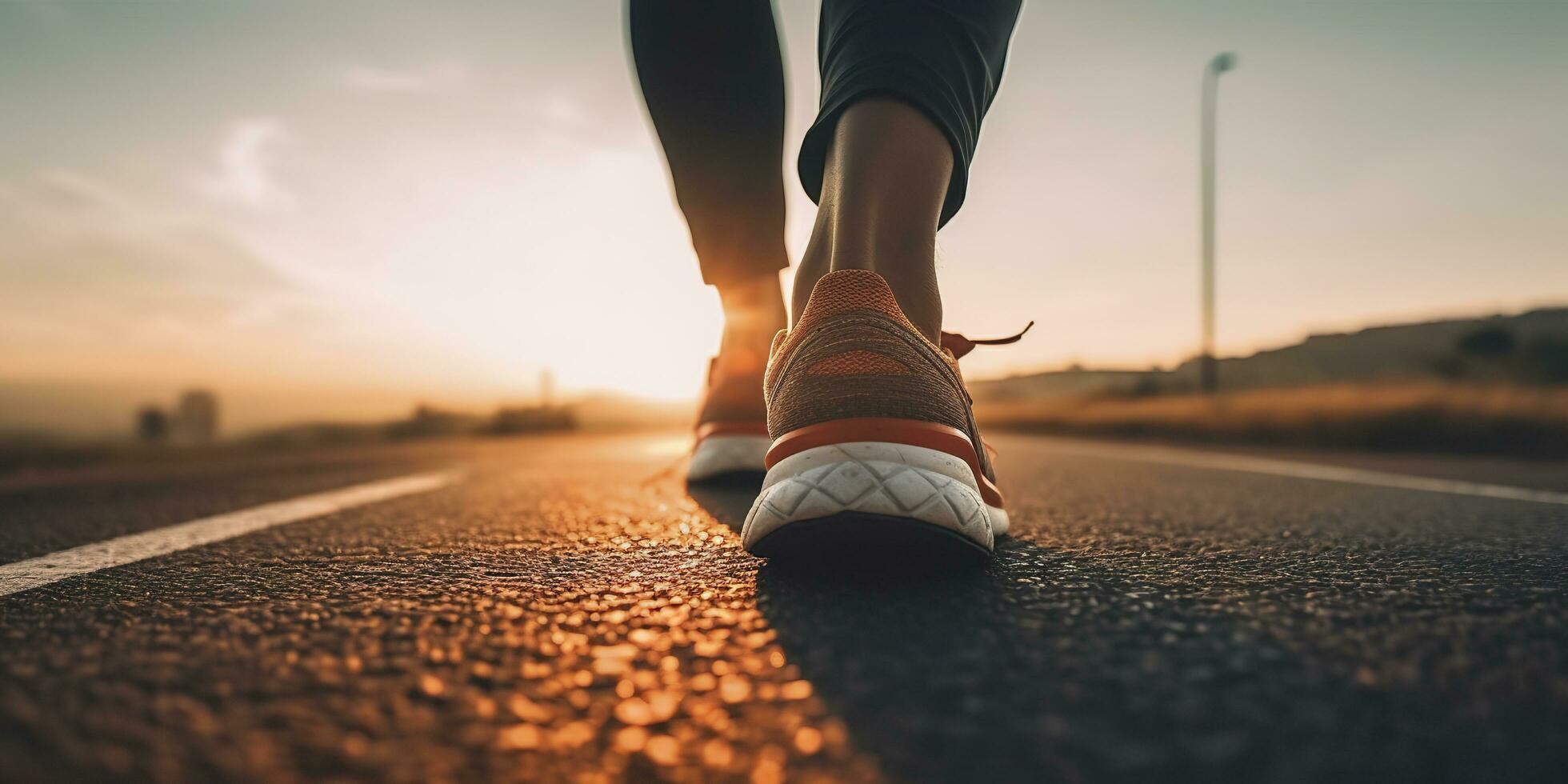 vicino su su il scarpa, corridore atleta piedi in esecuzione su il strada sotto luce del sole nel il mattina. ai generativo foto