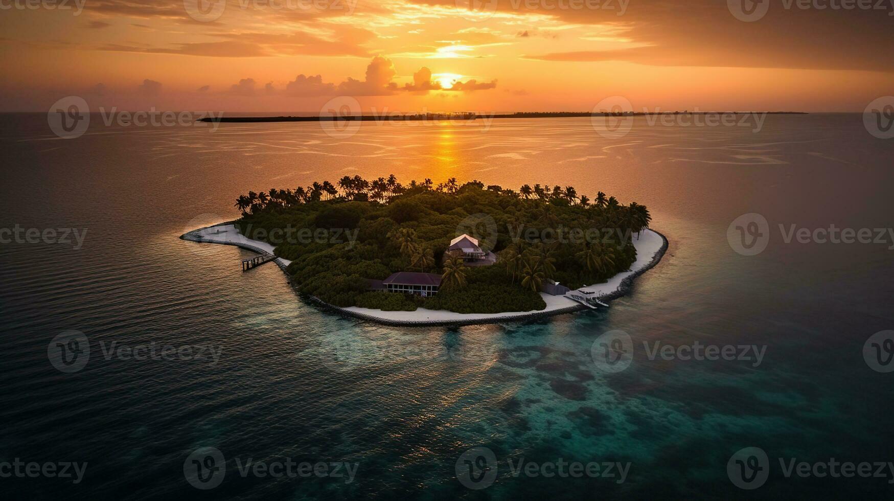aereo Visualizza di un' faro di un' lusso ricorrere con bungalow su un' piccolo isola a tramonto, laccadivo mare, indiano oceano, Maldive arcipelaghi, generativo ai foto
