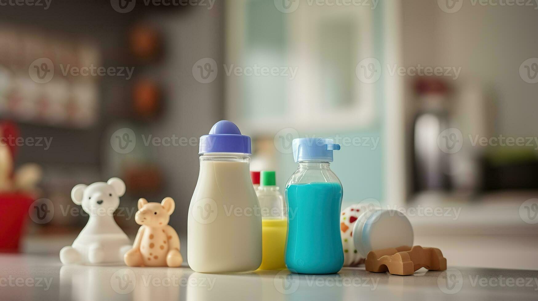 latte bottiglie per bambino e delizioso giocattoli trasformare il cucina tavolo. generativo ai foto