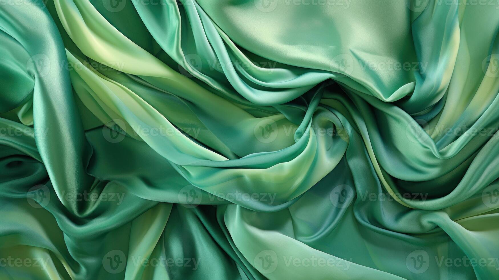 un' avvicinamento di un' verde seta tessuto Materiale sfondo con morbido luce, misto verde giallo colore tessuto sfondo, generativo ai foto