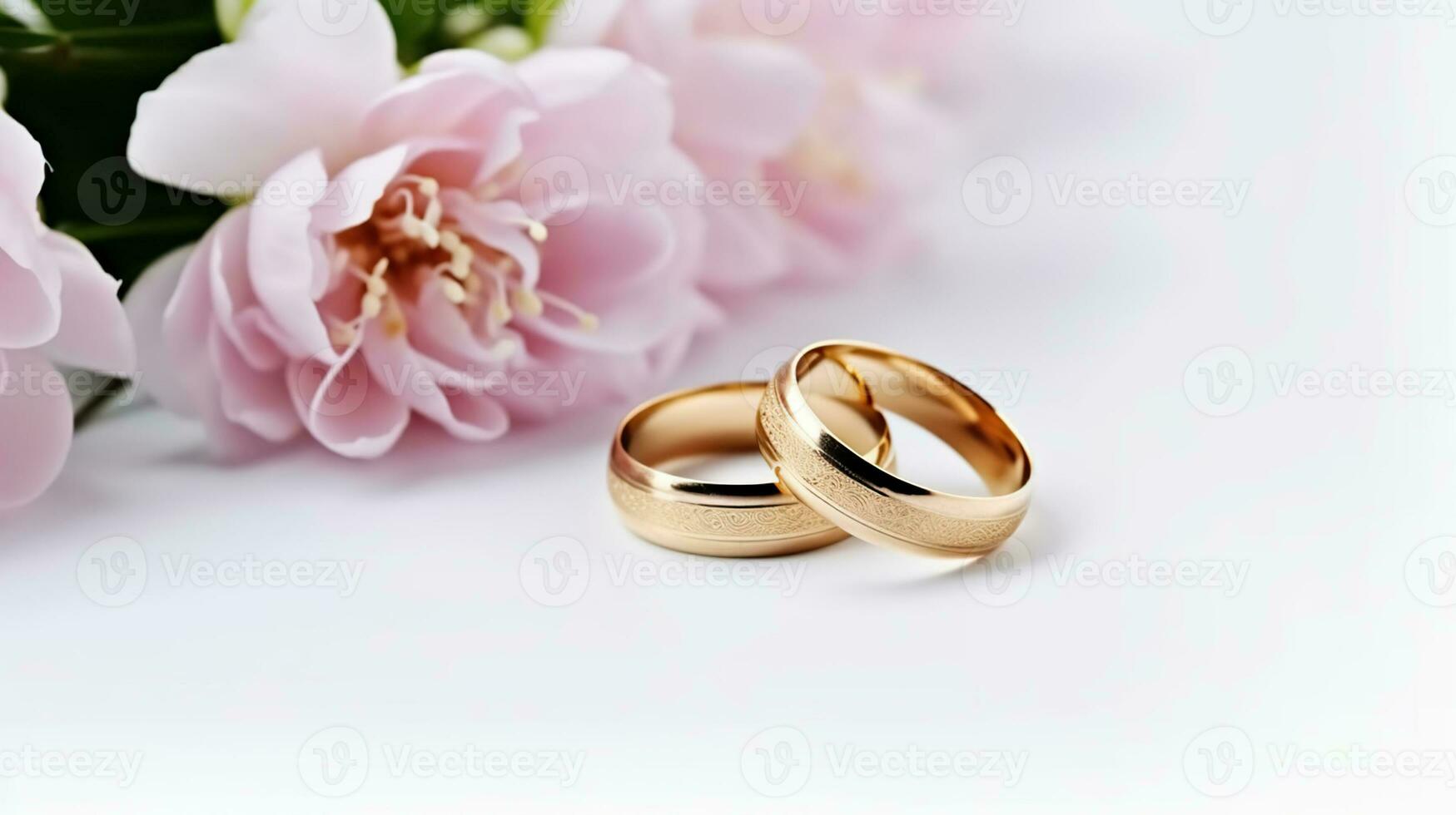 rosa fiori e Due d'oro nozze anelli su bianca sfondo. ai generativo foto