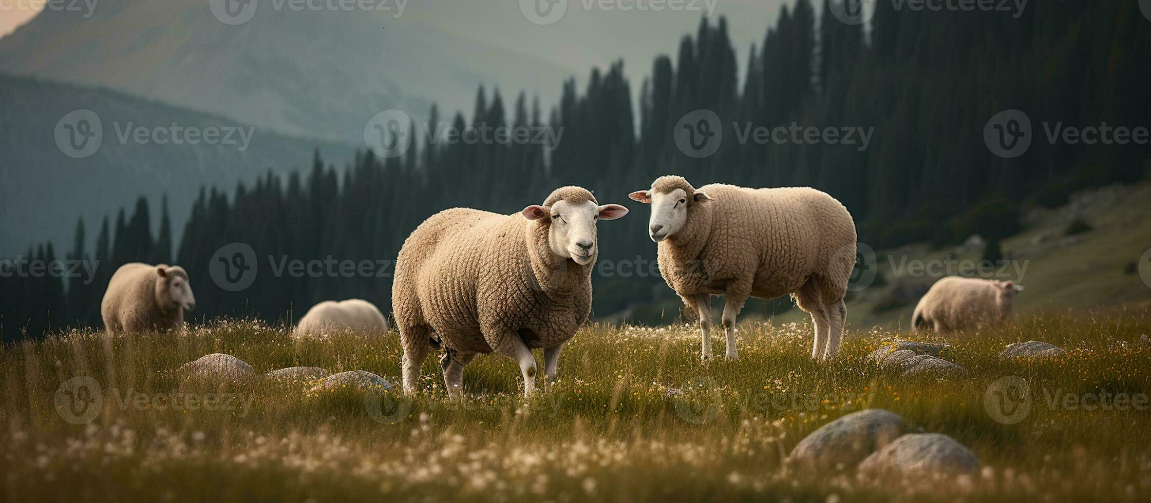 pecora pascolo nel alpino prati e unità con montagna natura. generativo ai foto