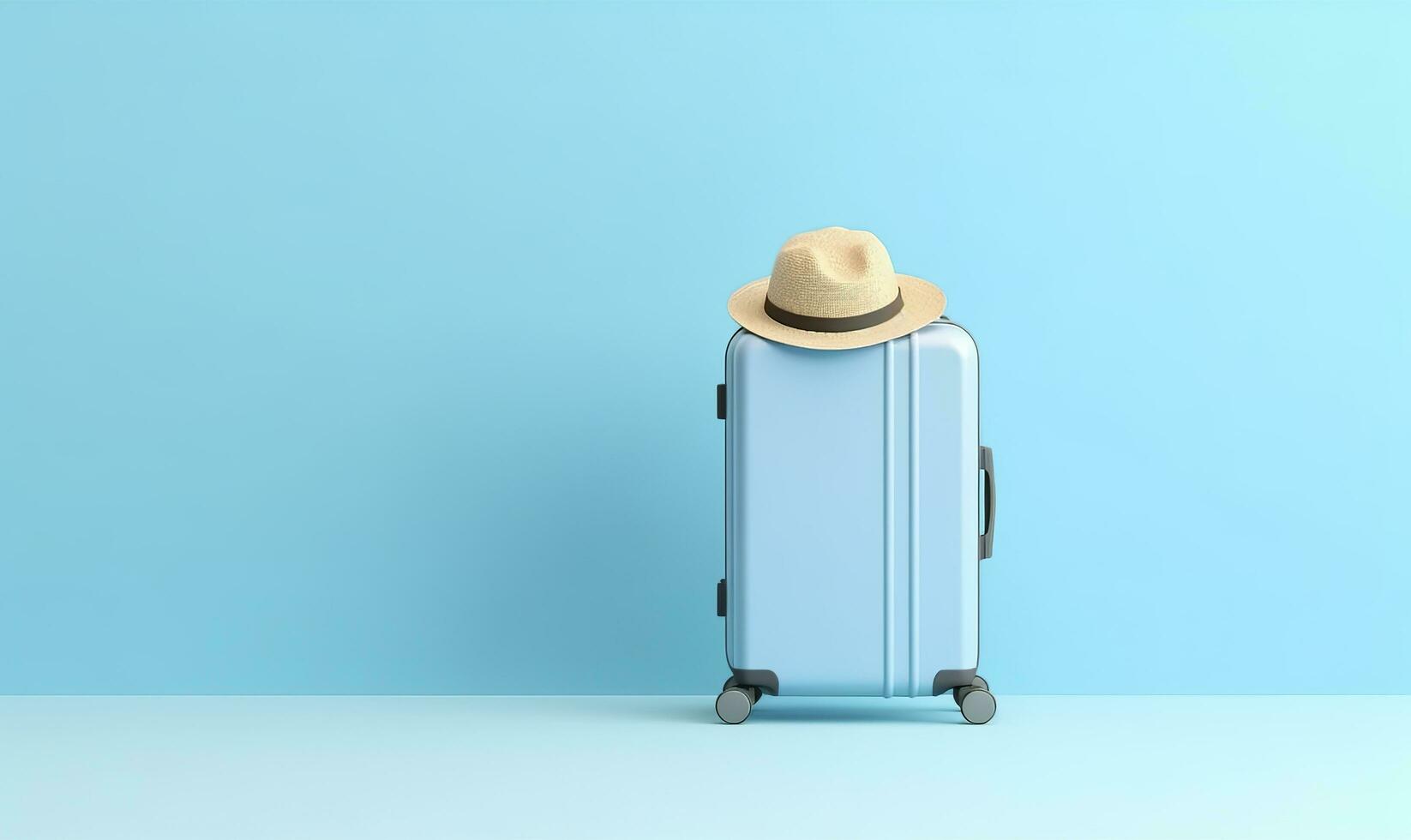 blu valigia con occhiali da sole su un' pastello blu sfondo. viaggio concetto. generativo ai foto