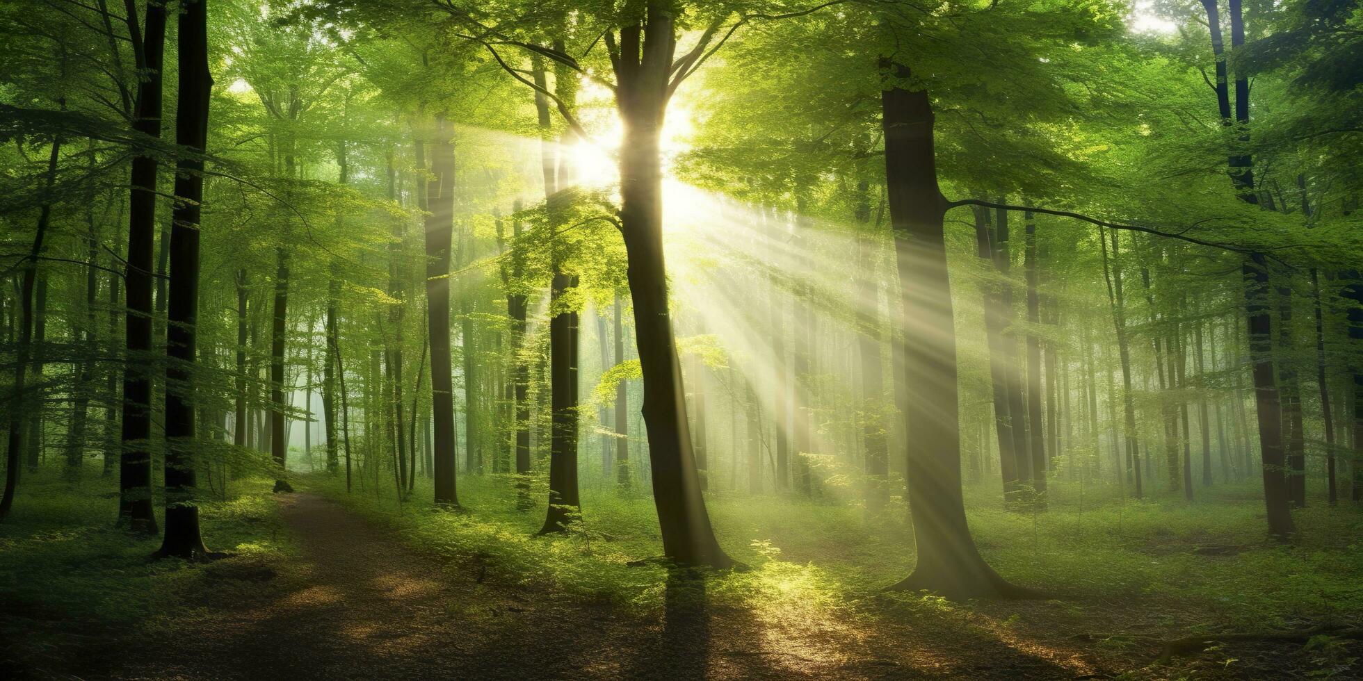 bellissimo raggi di luce del sole nel un' verde foresta. generativo ai foto