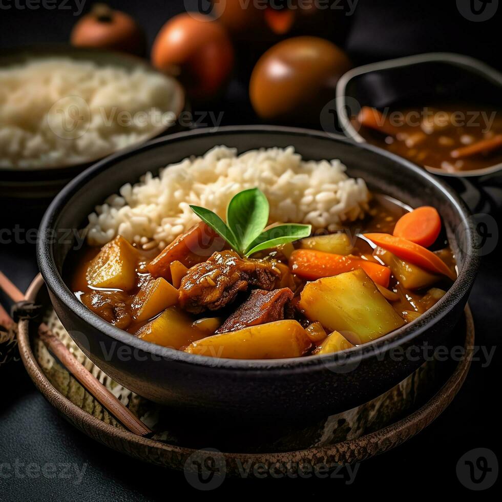 un' curry riso con sfocatura sfondo ai generativo foto