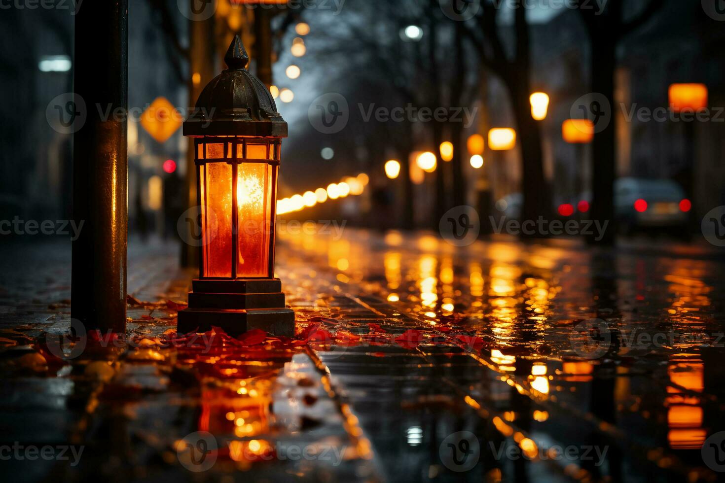 avvertimento lampada nel il strada a notte. rosso mettere in guardia lampada o avvertimento indicatore. ai generativo foto