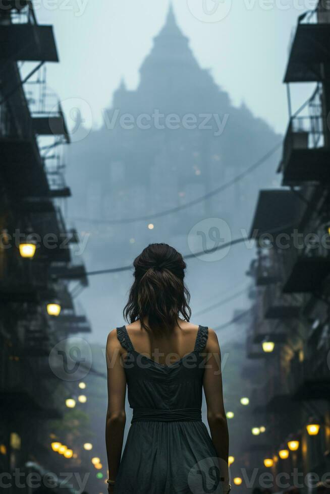 video di ragazza in piedi solo nel città strada con indietro Visualizza. ai generativo foto