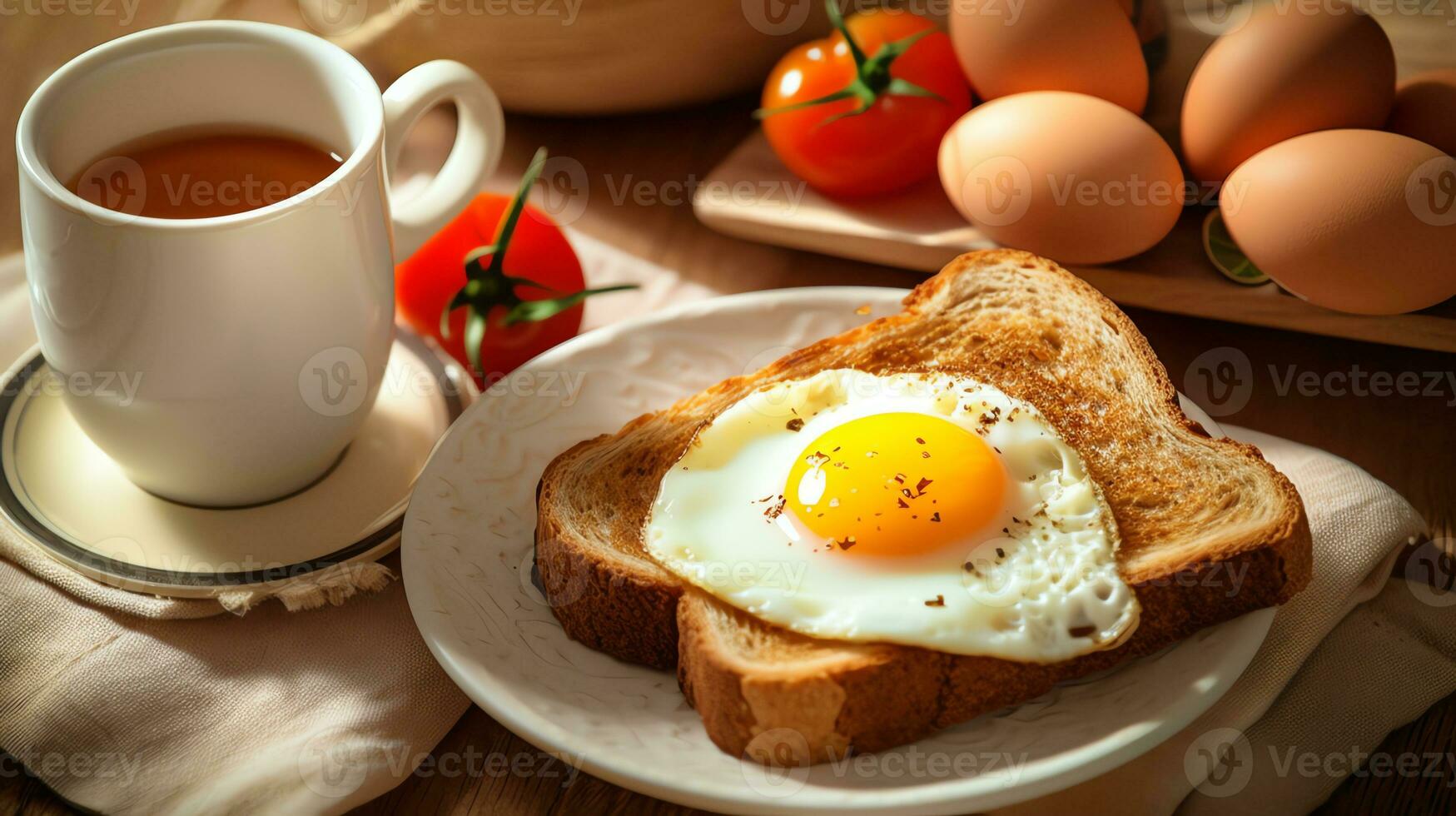 ai generativo grigliato pane e pomodoro con un uovo su un' piatto con caffè foto