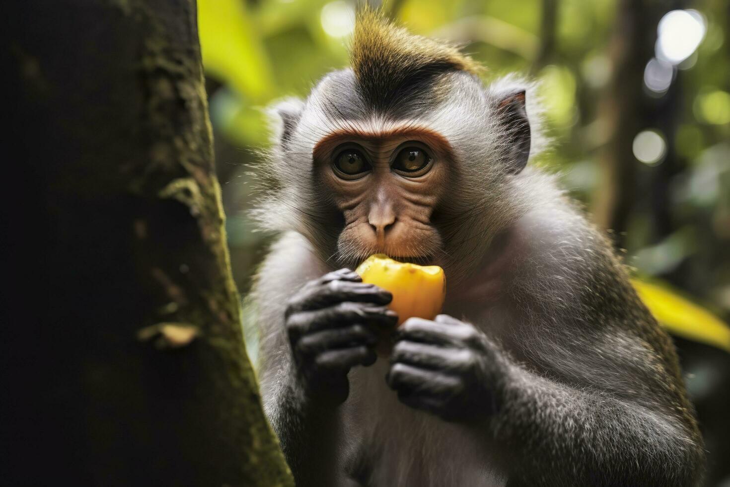 vicino su di scimmia mangiare frutta nel il giungla. generativo ai foto