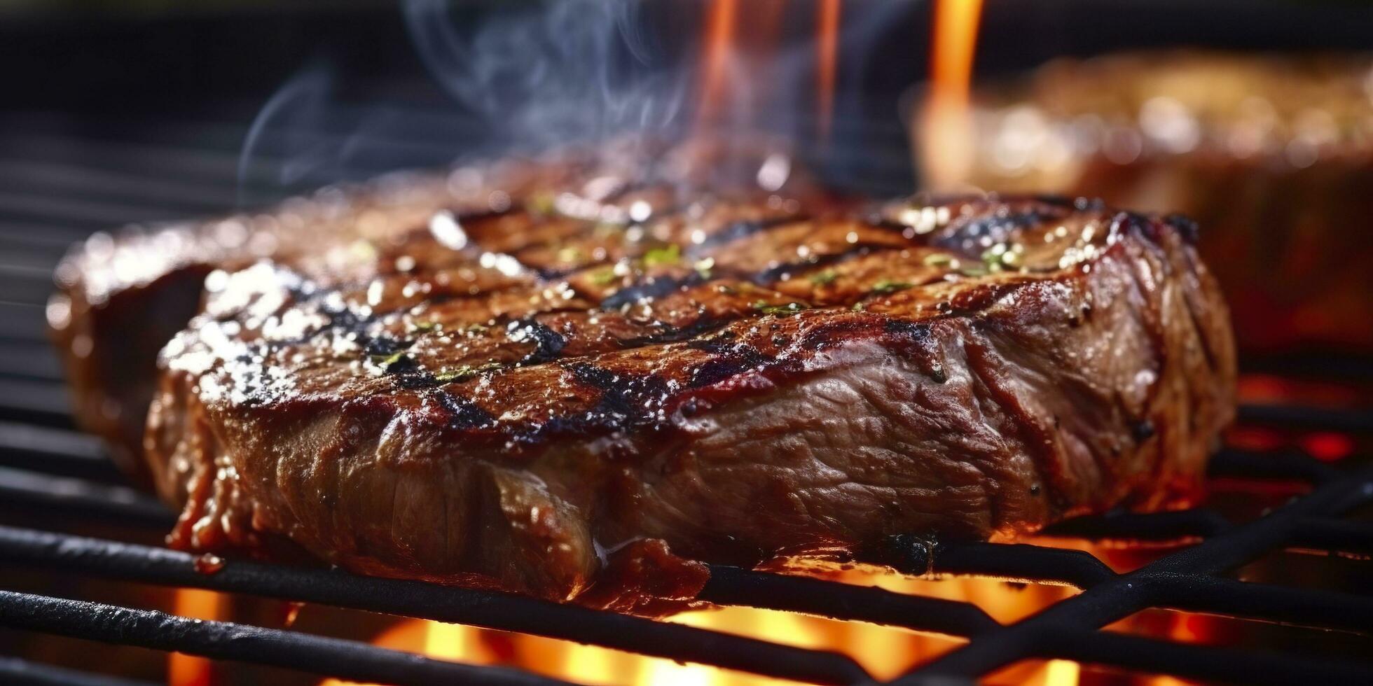 Manzo ribeye bistecca grigliate su un' fiammeggiante griglia. generativo ai foto