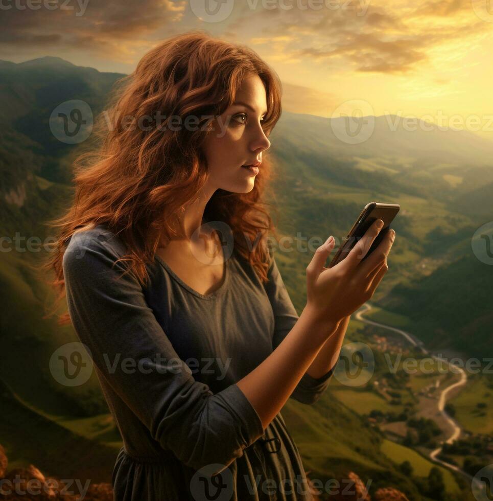 un' donna prende un' immagine utilizzando un' inteligente Telefono mentre guardare giù a un' collina e valle, voglia di girovagare viaggio azione immagini, viaggio azione fotografie voglia di girovagare