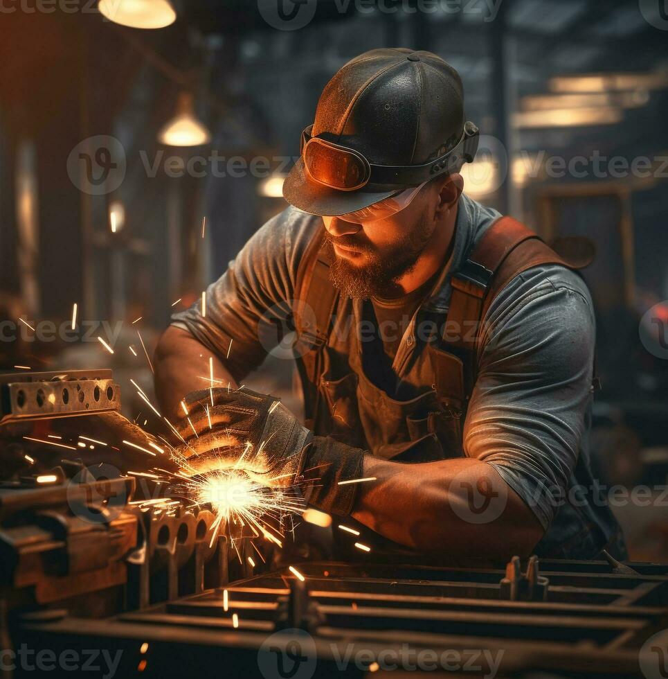 industriale uomo Lavorando su metallo piatto nel industriale fabbrica, industriale macchinari azione fotografie