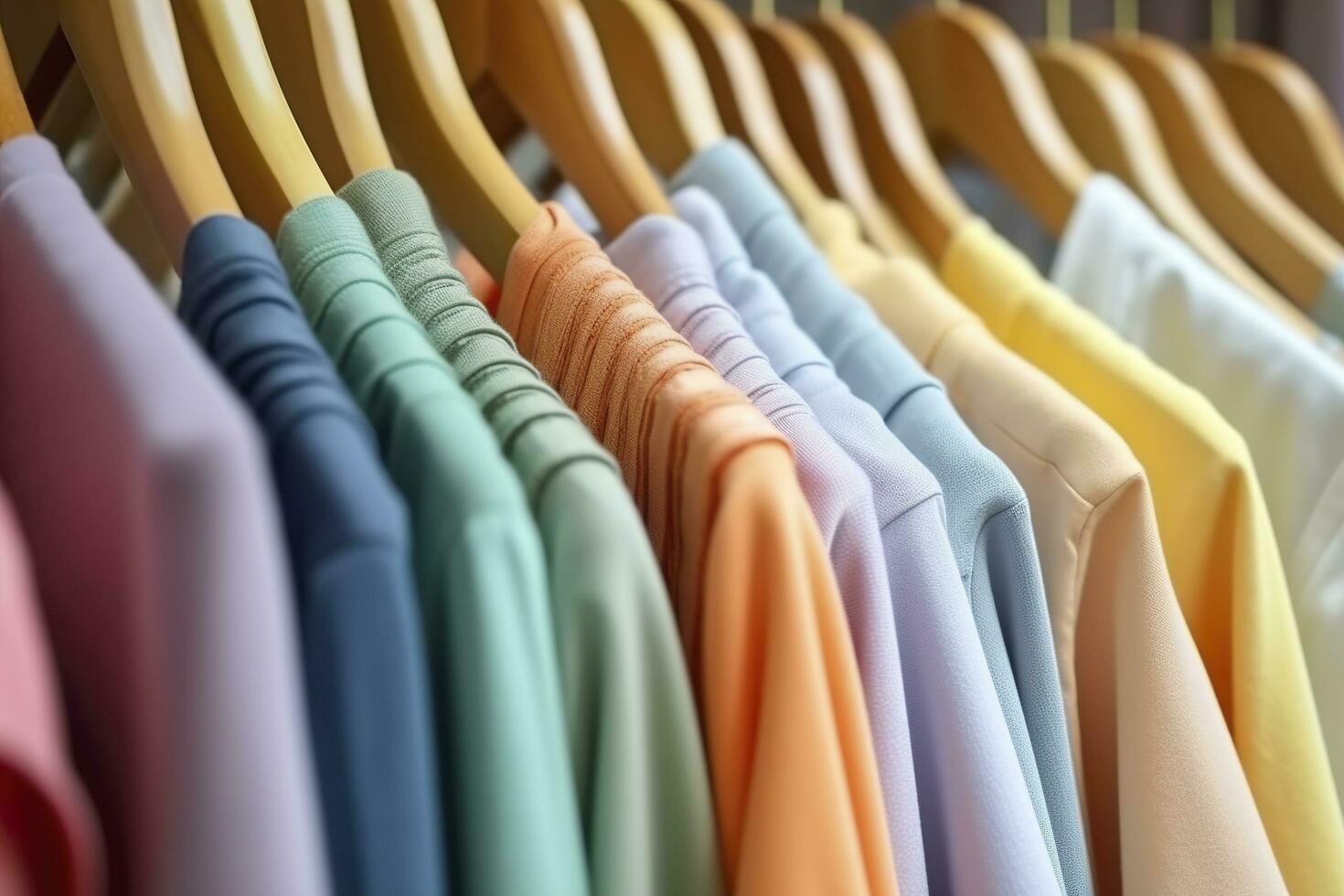 colorato Abiti su un' capi di abbigliamento cremagliera, pastello colorato guardaroba nel un' shopping memorizzare o Camera da letto, arcobaleno colore Abiti scelta su grucce, casa armadio concetto Immagine. ai generativo foto