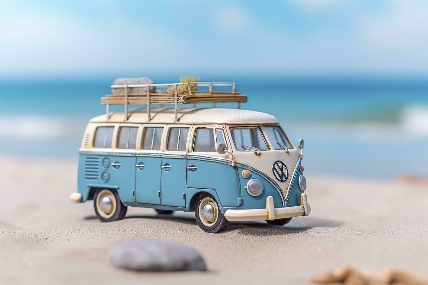 estate viaggiare, blu auto furgone con bagaglio per estate vacanze, spiaggia mare Visualizza, vacanza, ai generativo foto