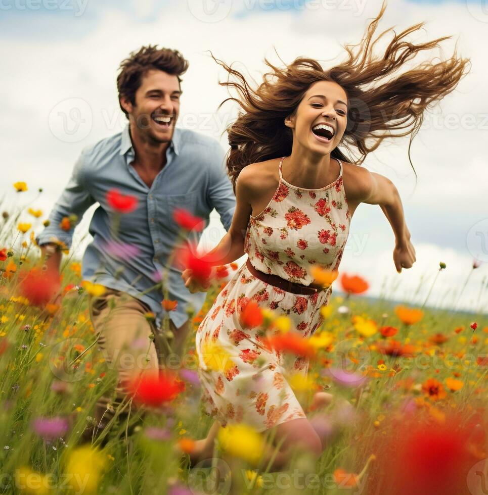 un' gioioso e spensierato scena con il coppia in esecuzione attraverso un' campo di colorato fiori selvatici, voglia di girovagare viaggio azione fotografie, realistico azione fotografie
