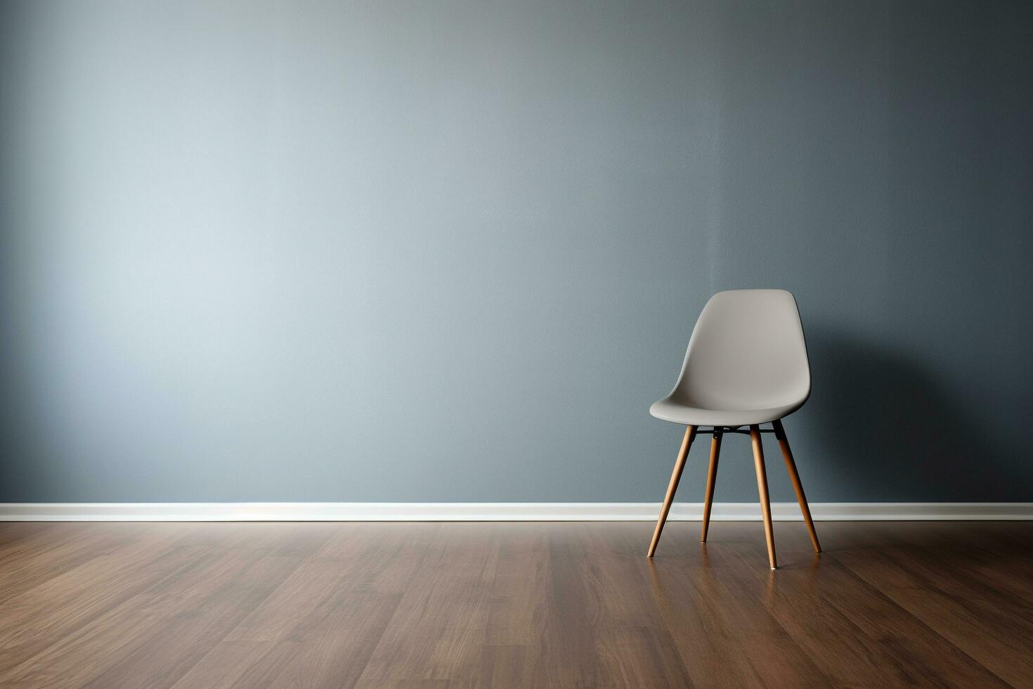 un' camera con un' grigio parete e un' di legno pavimento. il camera è vuoto tranne per un' sedia, generativo ai foto