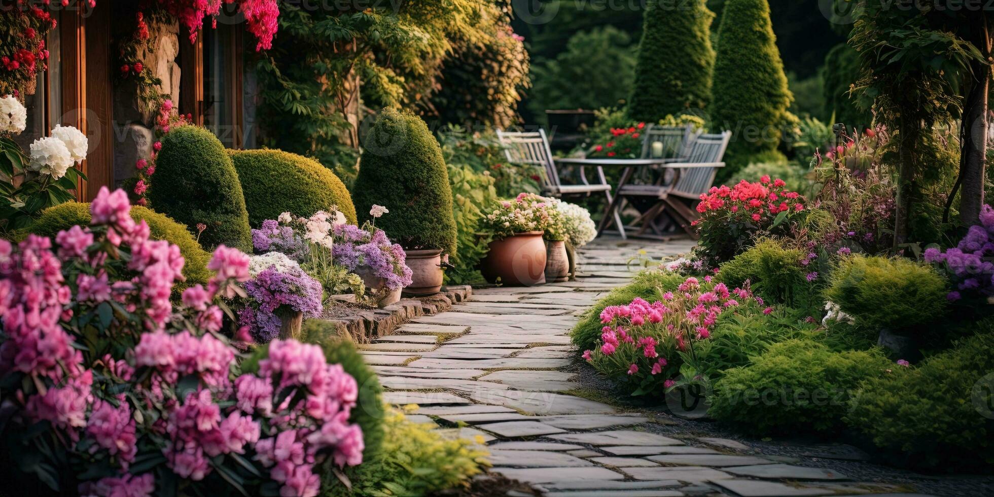 generativo ai, bellissimo estate privato giardino con molti fiori e impianti, natura paesaggio, inglese campagna Villetta stile foto