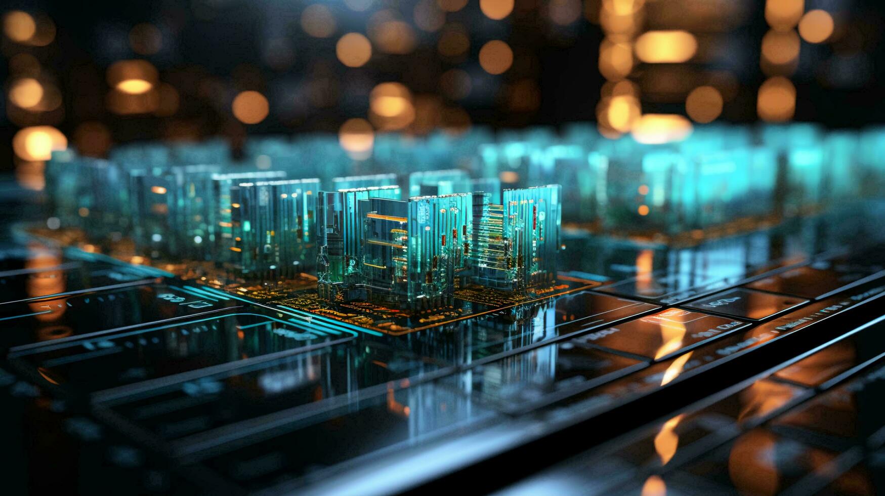 computer futuristico alto Tech circuito tavola con microcircuiti e elettronico patatine fritte con transistor e resistori. ai generato foto