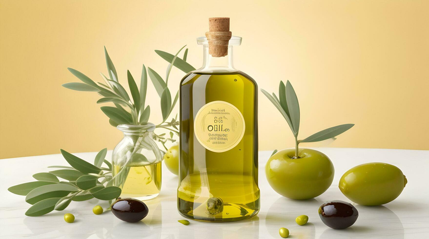 oliva olio nel un' bottiglia, verde olive e oliva albero rami ,gocciolare di olio spruzzata. foto