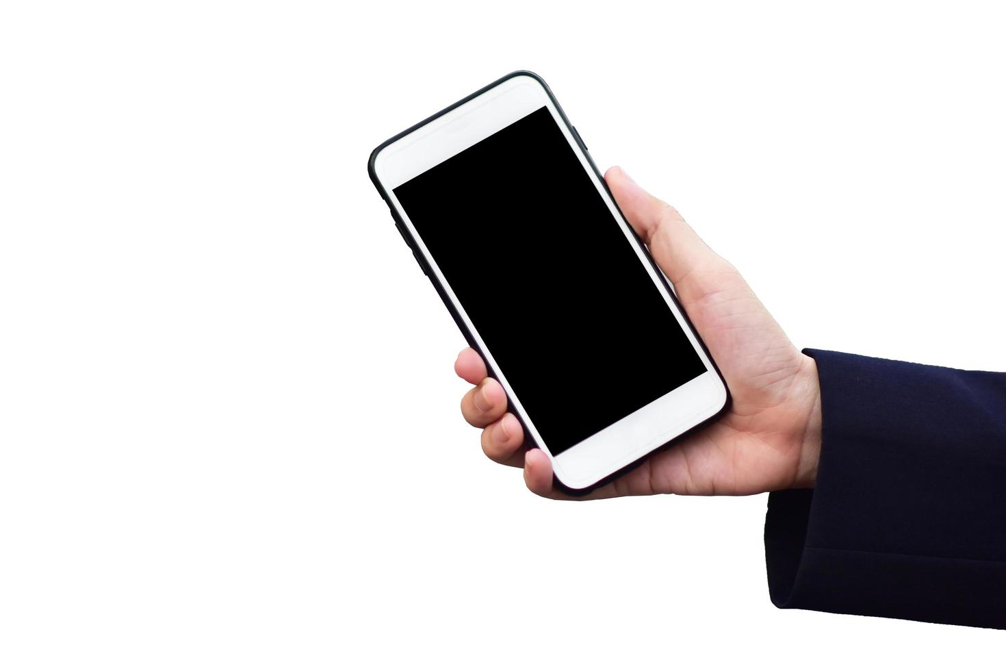 mano che tiene il cellulare o lo smartphone mobile su sfondo bianco, telefono cellulare foto
