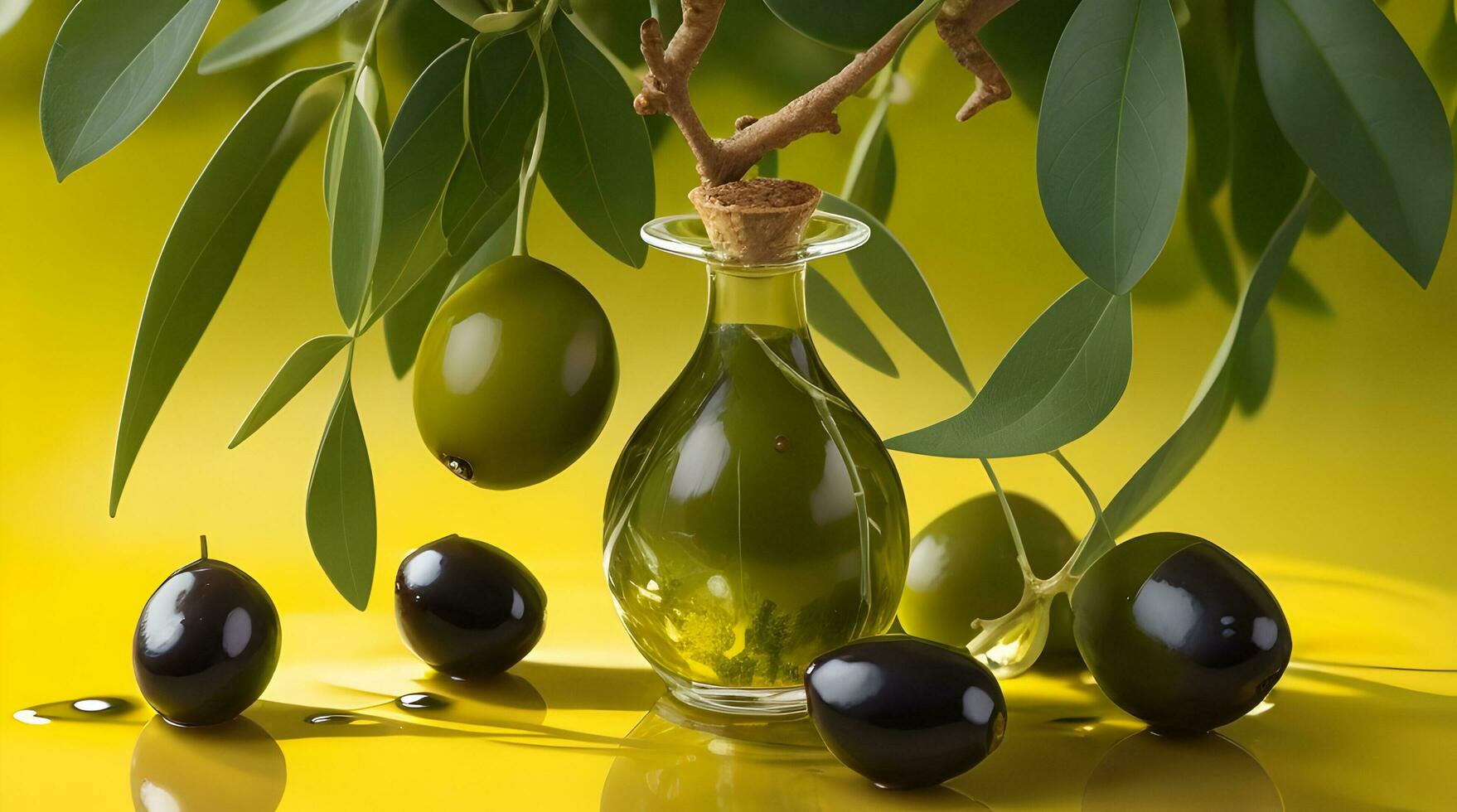 creare un' visivamente travolgente Immagine di maturo olive e un' pioggerella di d'oro oliva olio galleggiante su un' lussureggiante verde sfondo. vetrina il fascino di mediterraneo cucina e suo ricco sapori. foto