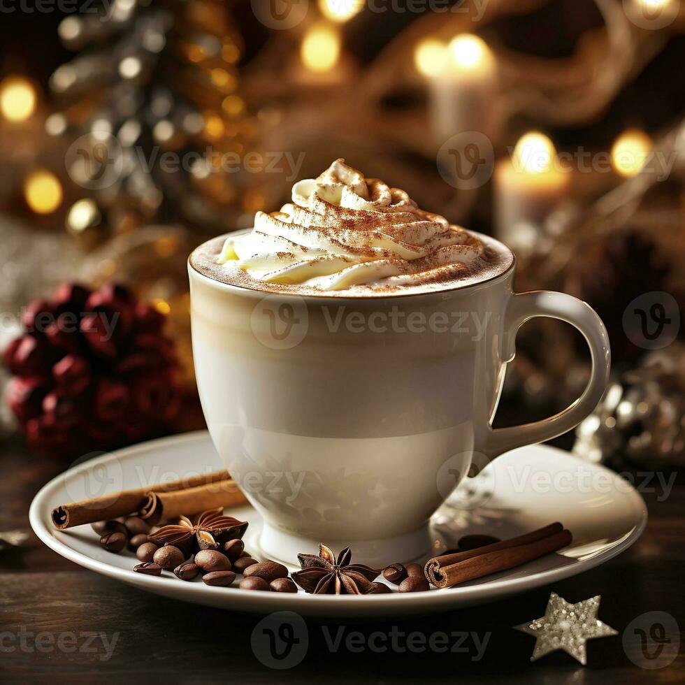 cappuccino con frustato crema e cannella su Natale sfondo foto