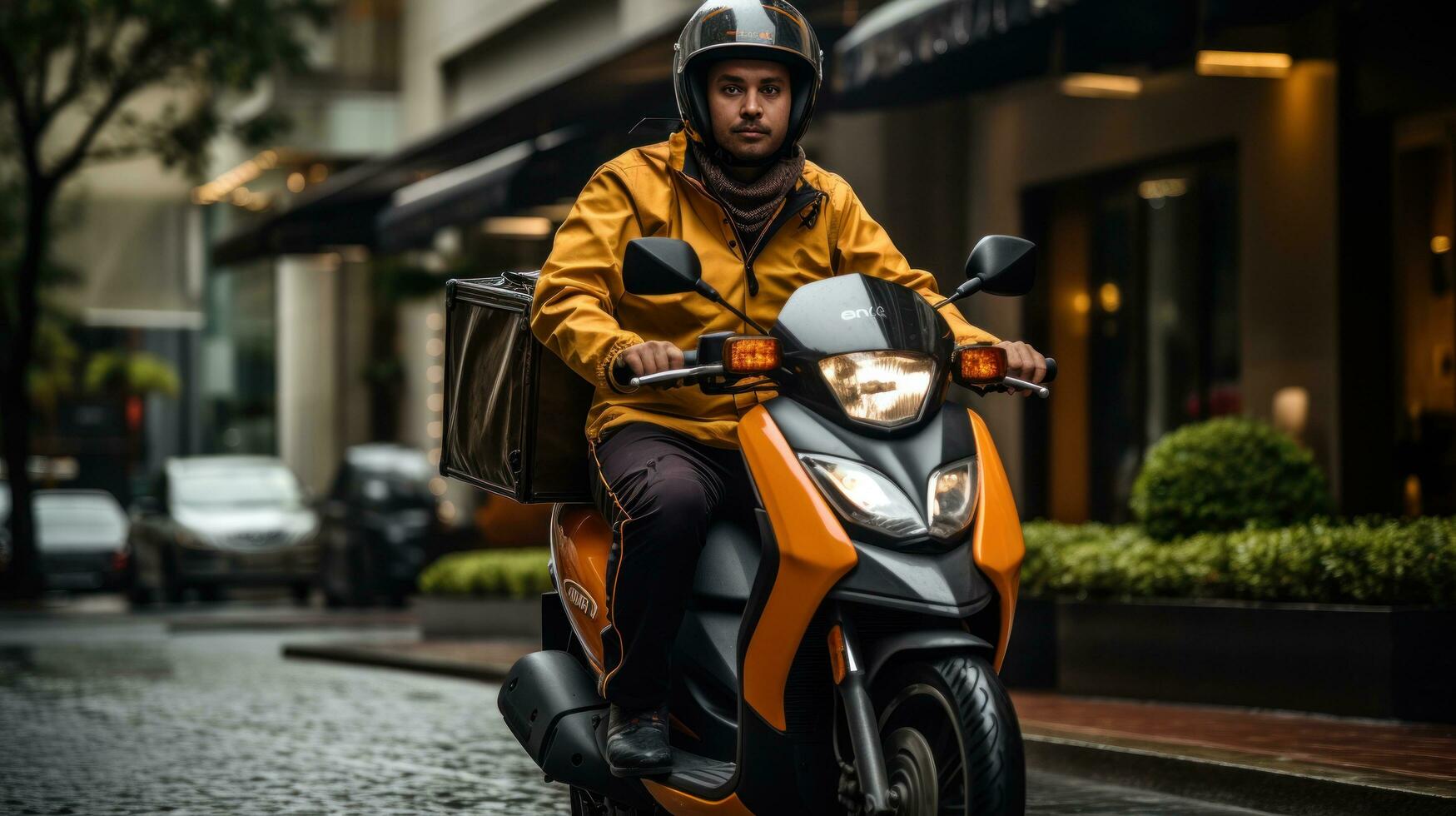 un' uomo equitazione giù il strada su un' vespa foto